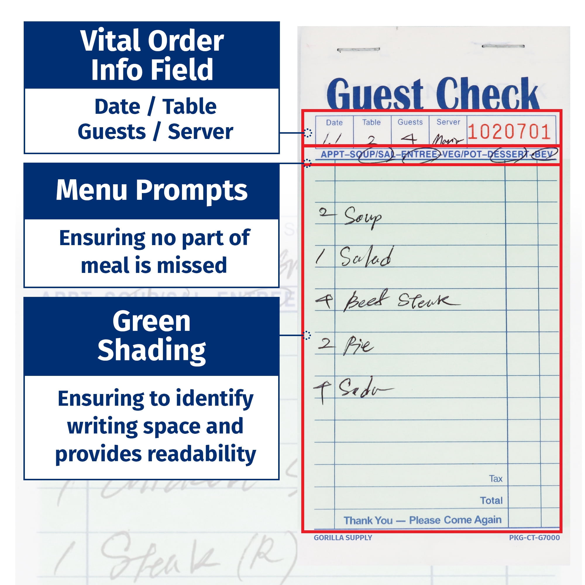 [2500] Gorilla Supply Guest Check Book 3.4" x 6.73" Server Notepads Order Pad for Waiter and Waitress, Carbonless 2-ply Perforated Checks, Green, 2500 (5 pkg x 50 Sets x 10 Books)