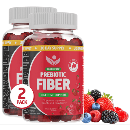 Desired Life Sugar Free Prebiotic Fiber Gummies for Adults and Kids Mixed Berry Flavor Plant Fiber Supplement for Women and Men, Daily Fiber for Digestive Health and Regularity 120 Count (Pack of 2)