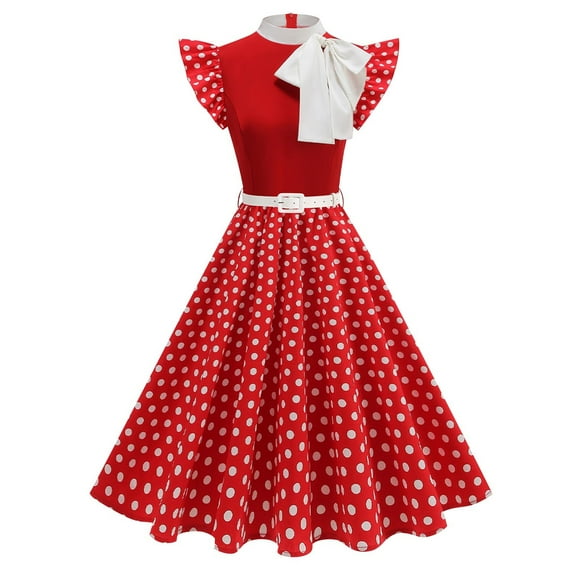 Women's A-Line Midi Dress 50s Vintage Polka Print Dress Ruffle Sleeve Wedding Guest Dress S