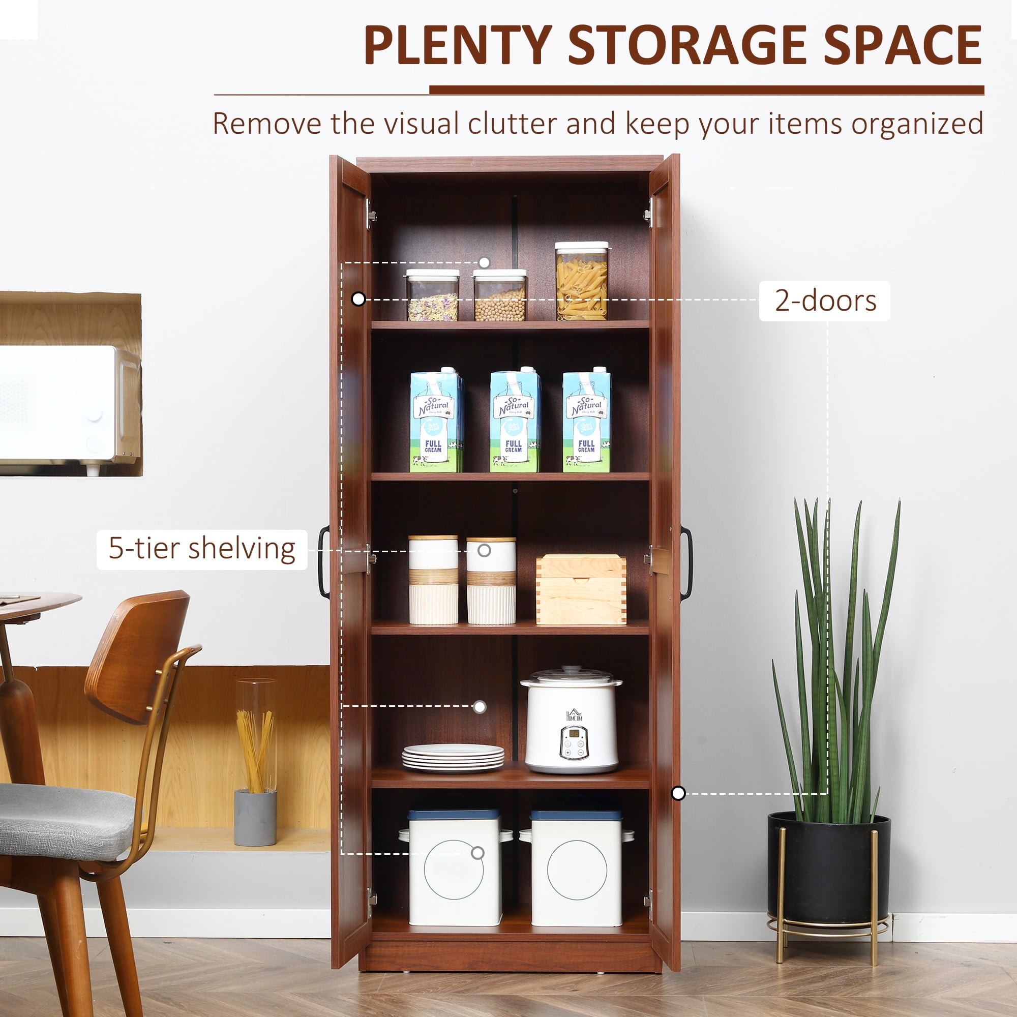 HOMCOM 63" 2-Door Kitchen Pantry, Freestanding Storage Cabinet with 2 Adjustable Shelves for Kitchen or Living Room, Brown