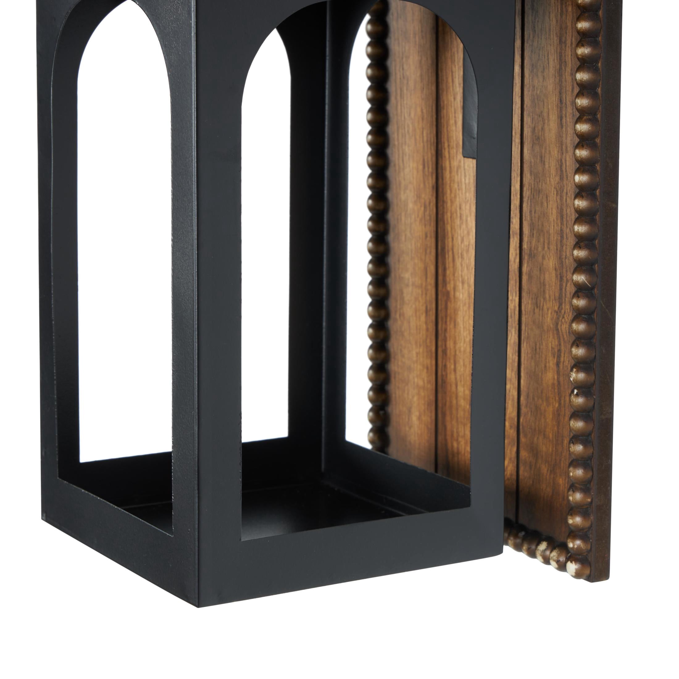 DecMode Black Metal Abstract Suspended Arched Cutout Wall Sconce with Brown Wood Backing and Beaded Edge