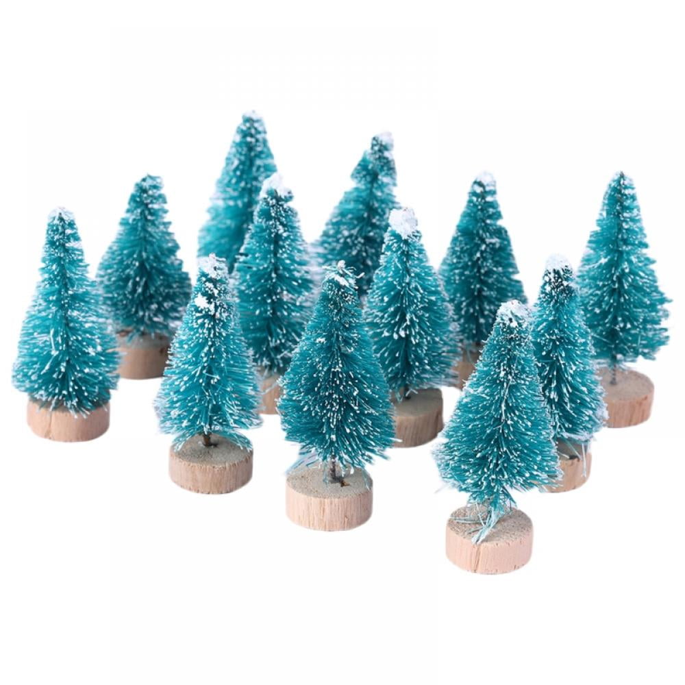 Etmact 24pcs Mini Pine Trees Frosted Sisal Trees with Wood Base Bottle Brush Trees Plastic Winter Snow Ornaments Tabletop Trees for Crafting, Displayi