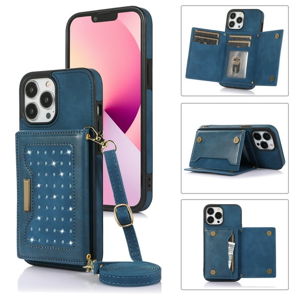 ELEHOLD Stylish Wallet Case for iPhone 12 Pro Max 6.7inch,Flip Card Slots Diamond Bling Sparkle Design RFID Blocking Detachable Shoulder Strap for Girls Women Purse Case,Blue