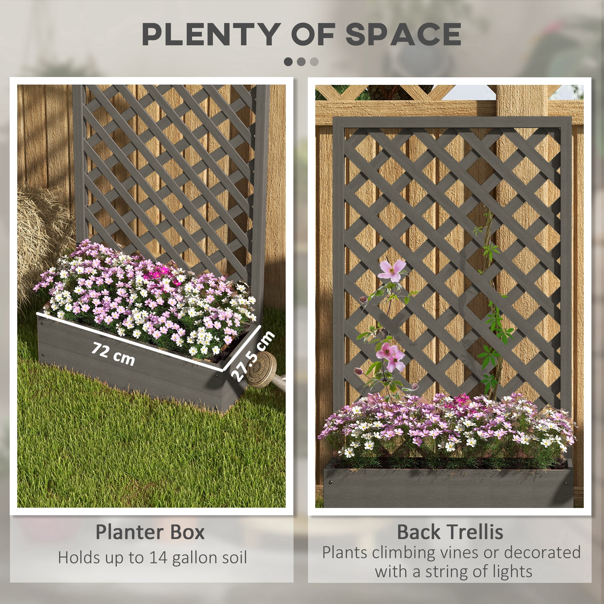 Outsunny Raised Garden Bed w/ Trellis Lattice, Drainage Gap, Freestanding Trellis Planter for Climbing Plants, Vines, Flowers, Dark Gray