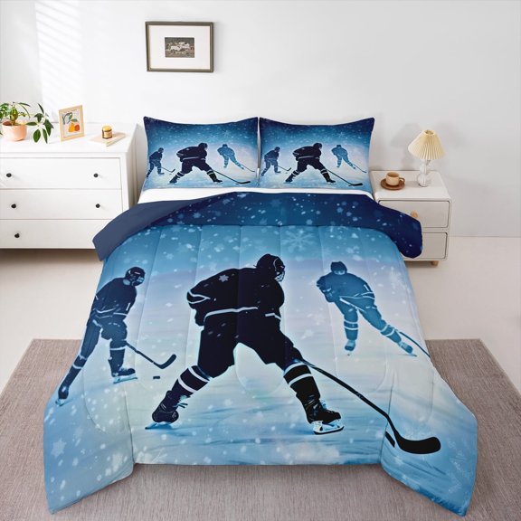 jejeloiu Sports Theme Bedding Comforter Set,Ice Hockey Lover Twin Comforter Sets,White Snowflake Bedding Set Child,Luxury Bedroom Decor Reversible,2 Pieces