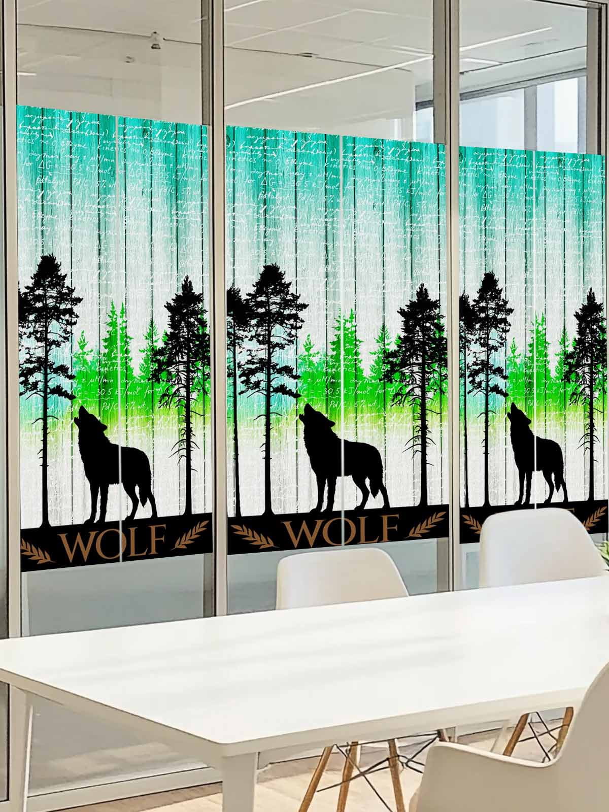 Forest Wolf Window Privacy Film, Pine Needles Green Gradient Wood Grain Frosted Glass Window Clings Static Cling UV Heat Blocking Reusable Door Sticker for Bathroom 23.6 x 59 Inch