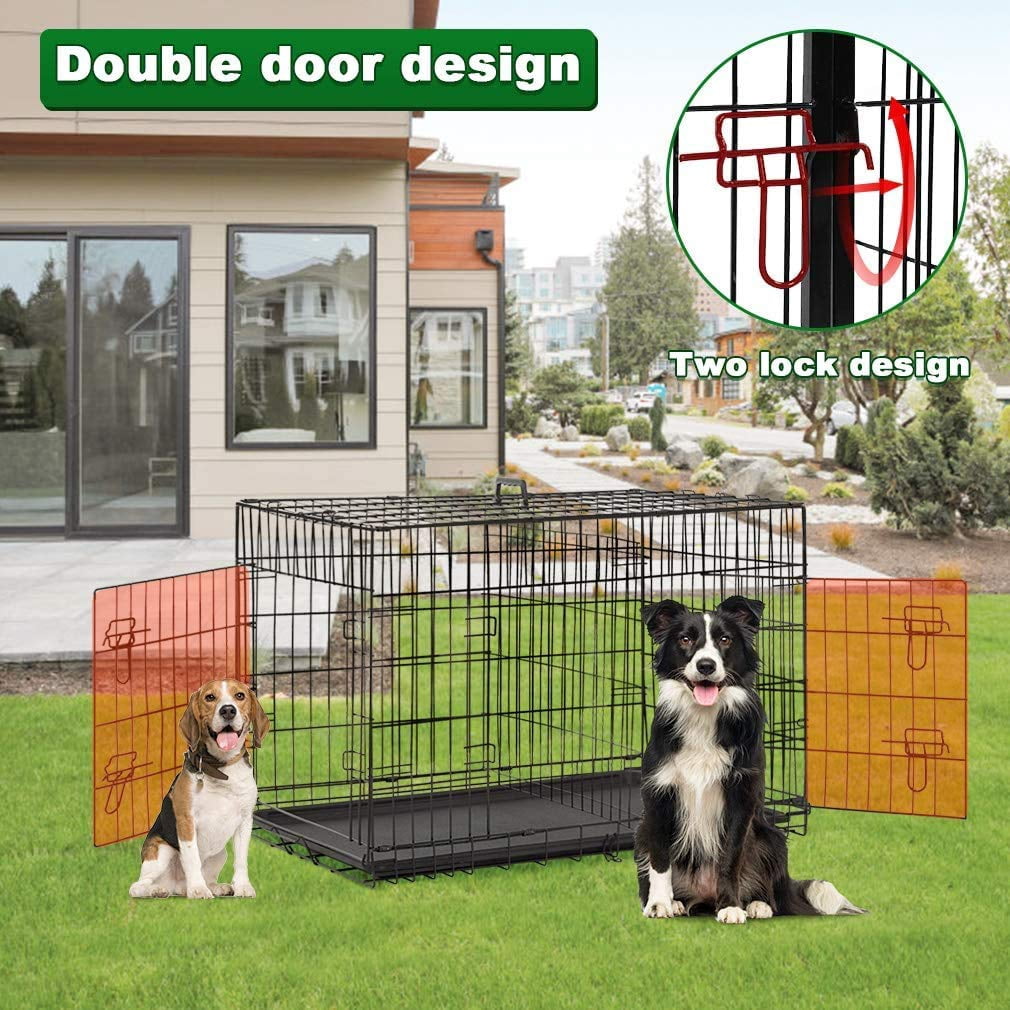 42-Inch Large Dog Crate Metal Wire Kennel for Indoor Outdoor Use, Foldable Pet Cage with 2 Doors Safety Lock, ABS Tray and Handle, Black