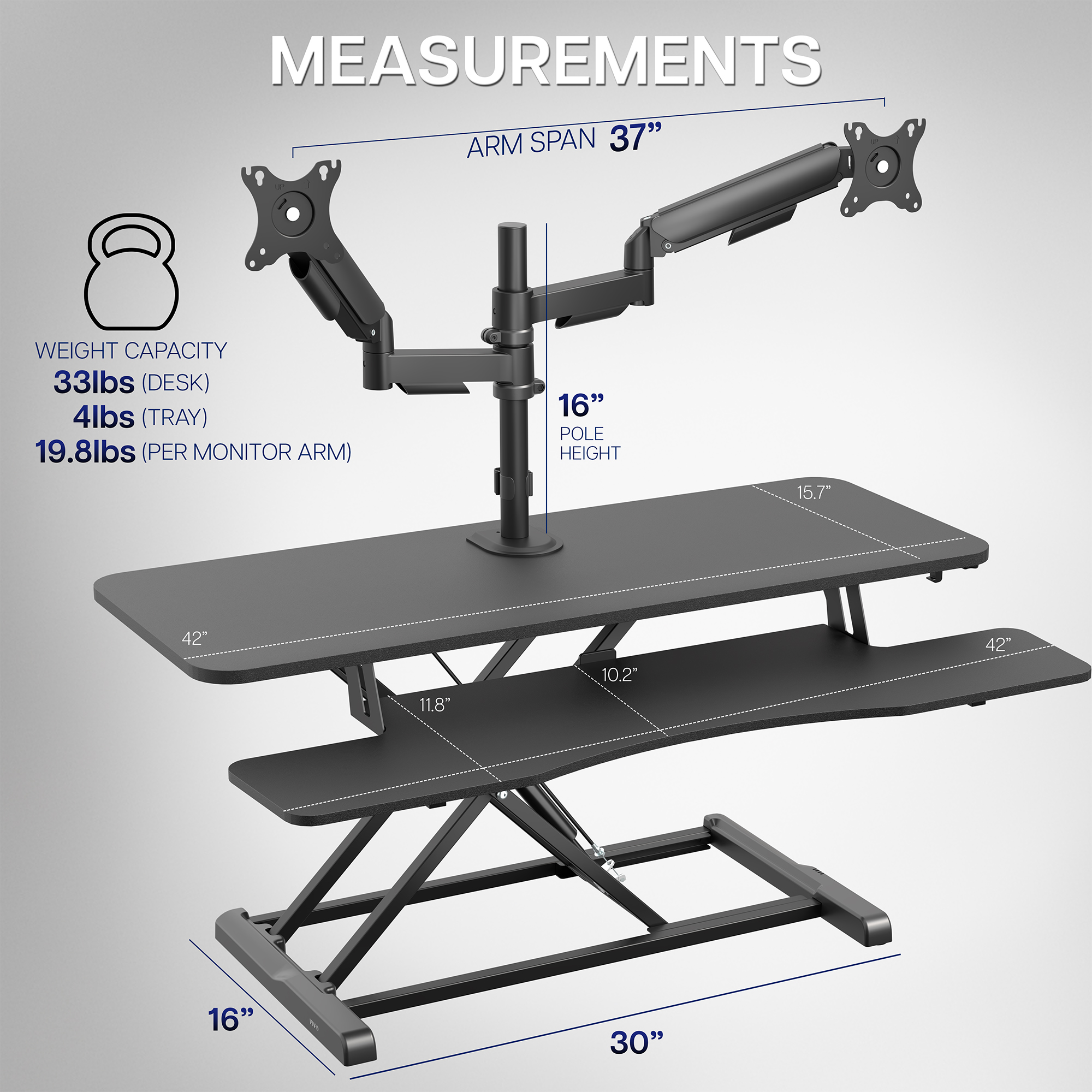 VIVO Black 42" Standing Desk Riser with Dual Monitor Arm for up to 32" Screens