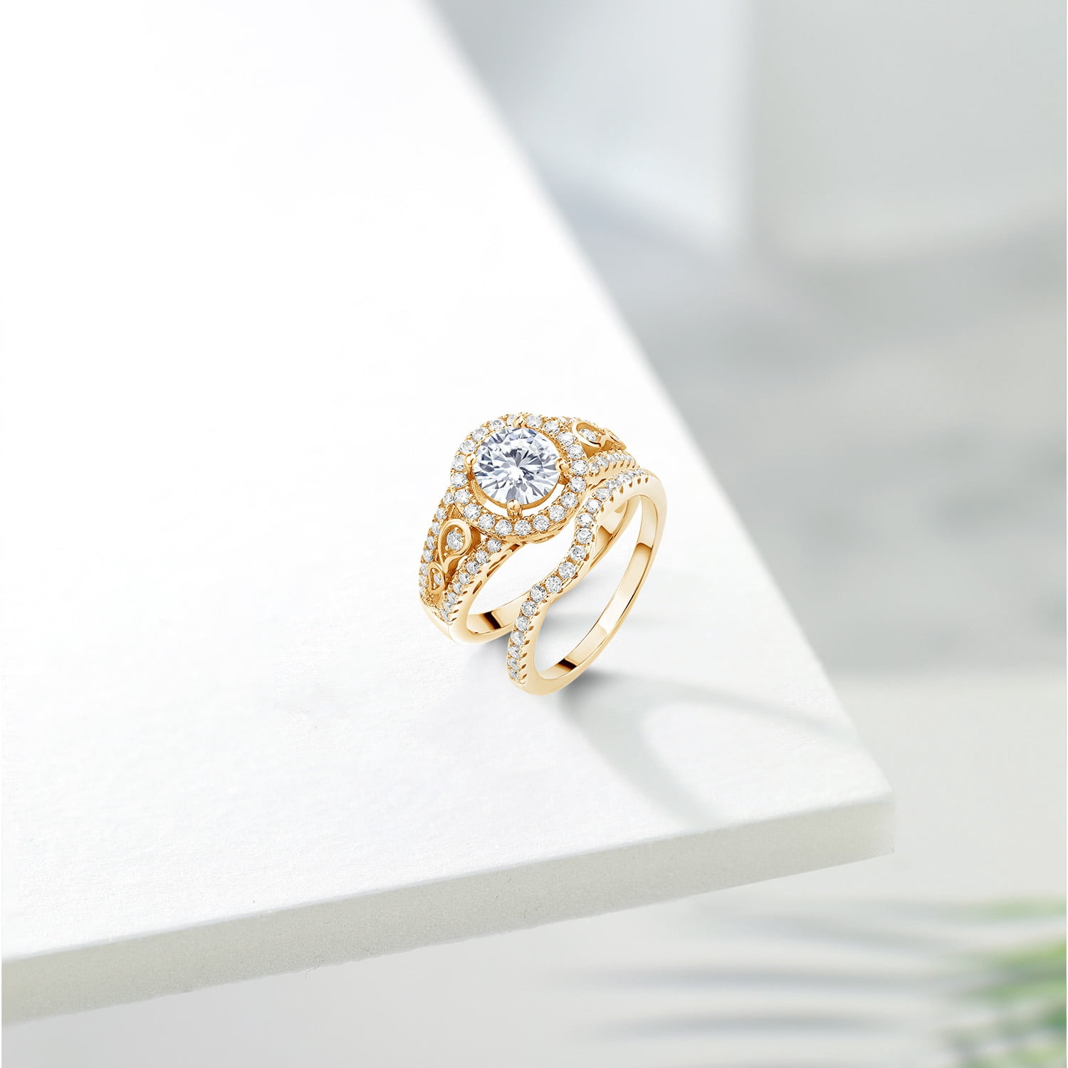Gem Stone King 18K Yellow Gold Plated Silver Moissanite Wedding Engagement Ring Band Bridal Set for Women | 1.74 Cttw | Center 6.5MM | Wedding Engagement Anniversary Promise Ring for Women | Size 8