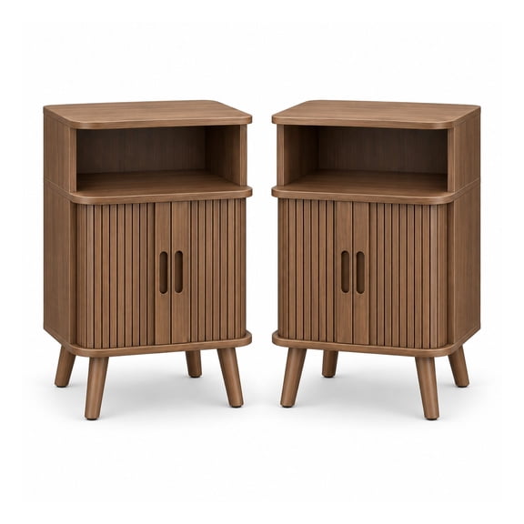 Set of 2 Fluted Nightstands with Charging Station, Mid-Century Modern End Tables with Sliding Tambour Doors, Curved Wood Accent Storage Bedside Tables for Bedroom Living Room, Walnut