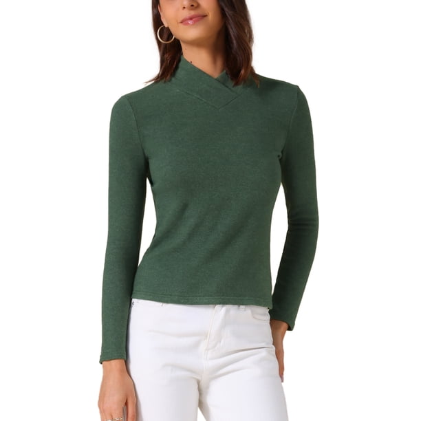 Camiseta de color sólido para mujer INSPIRE CHIC con cuello asimétrico y mangas largas, básica, talla S, verde oscuro