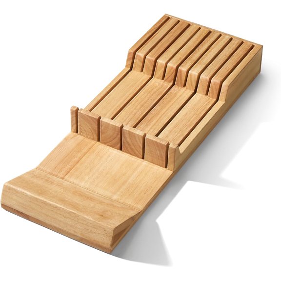 Cook N Home Basics Durable Wood Cutlery Holder, Knife Storage Block Organizer, Made of Rubber Wood, Polished Surface, Suitable for Drawers, 9-Slot