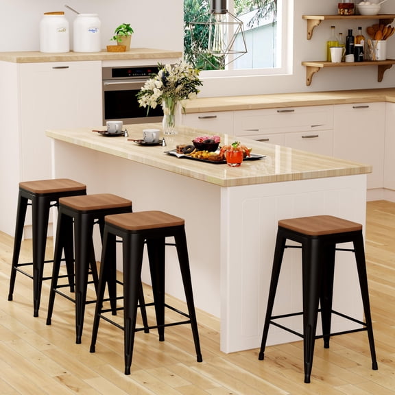 Bar Stools Set of 4 Stackable Metal Bar Stools Industrial Counter Height Stools Backless Barstools with Wooden Seats (24 inch, Matte Black with Wooden Seats)