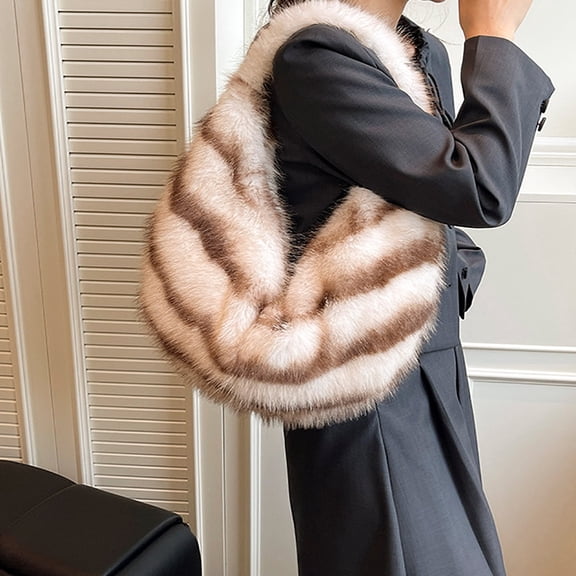 Striped Faux Fur Hobo Shoulder Bag, Soft Plush Large Capacity Casual Handbag