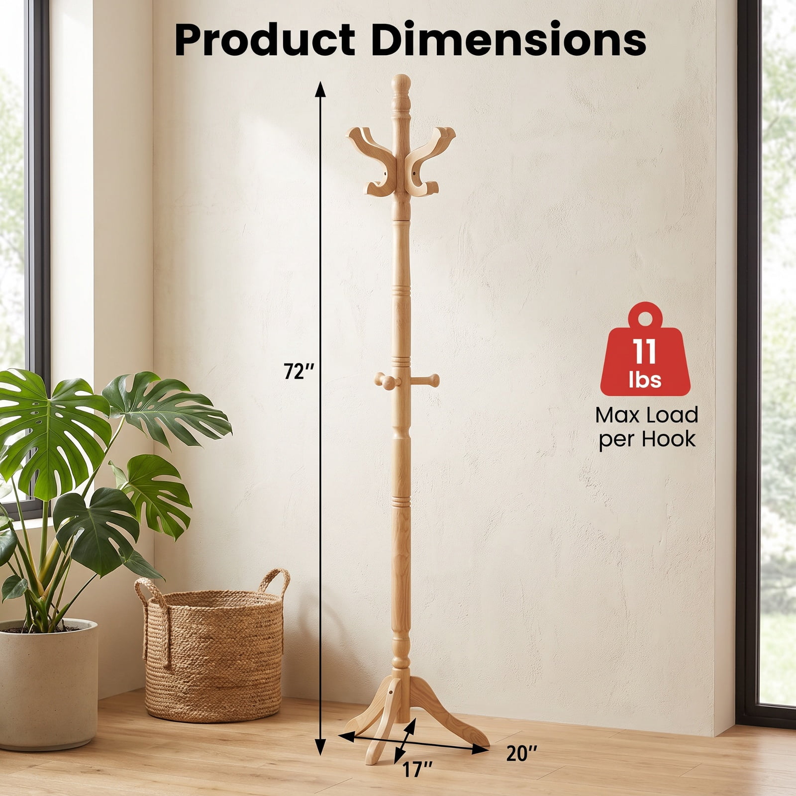 Furnibear Solid Wood Hall Tree Coat Rack with 11 Hooks and 3 Height Options for Entryway and Hallway and Office, Natural