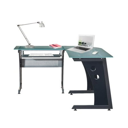 Frosted Glass Top Desk - Techni Mobili Deluxe L-Shaped Tempered Frosted Glass Top Computer Desk with Pull Out Keyboard Panel, Graphite