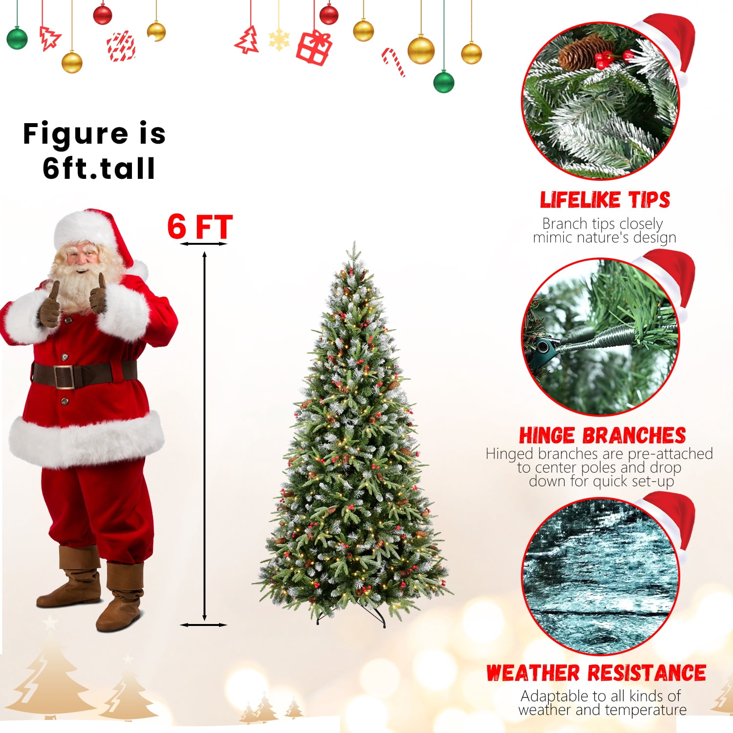 6 Ft Christmas Tree with 350 Warm White LED Lights, 1593 Snow-Tipped PE+PVC Branches, Red Berries & Pine Cones, Hinged Design, Stable Metal Stand, Realistic Holiday Decoration