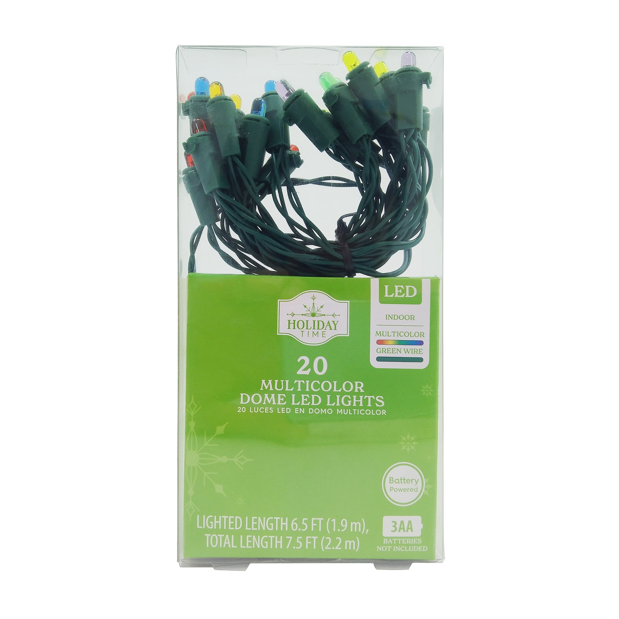 20-Count Battery-Operated Multicolor LED Dome Christmas Lights on Green Wire, 7.5', Holiday Time