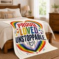 thumbnail image 6 of Rainbow Heart Arcs Framing Bold Pride Lettering, Soft Flannel Blanket with Expressive Pride Typography Print, Housewarming Gift and Home Decor for Bedroom and Living Room, 6 of 7