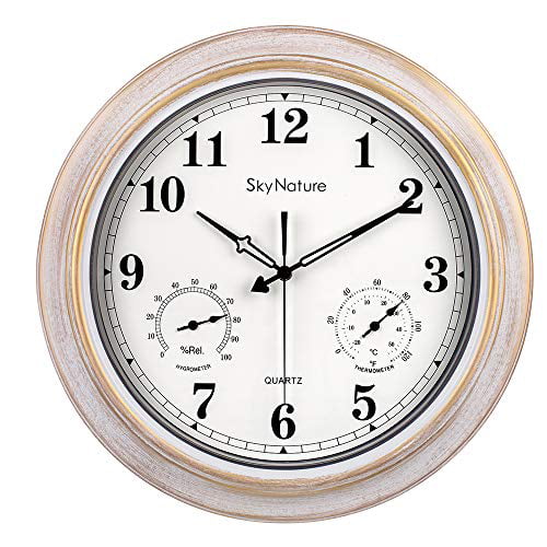 Siunwdiy Outdoor Waterproof Wall Clock with Thermometer and Hygrometer Combo,Vintage Silent Non-Ticking Battery Operated Clock Wall Decorative 24-Inch,Metallic,Metallic