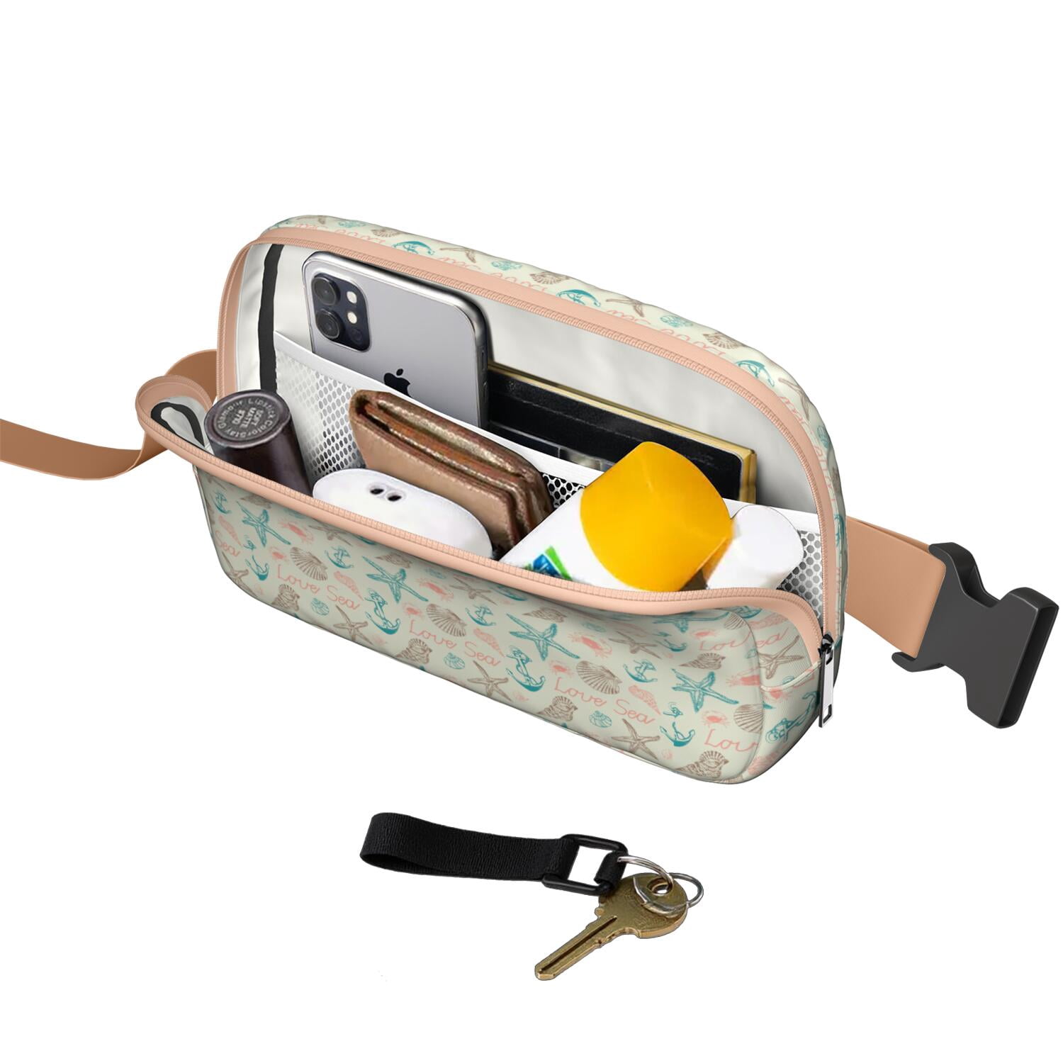 Seaside Seashell Fanny Pack for Women – Cute Tropical Waist Bag with Marine Fish, Starfish & Coral Reef Pattern for Summer Vibes