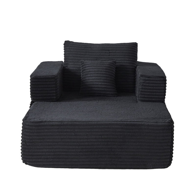 Single-Seater Upholstered Lazy Sofa, Floor Lounge Chair with Back Cushion & Throw Pillow, Oversized Chaise Lounge with Pockets
