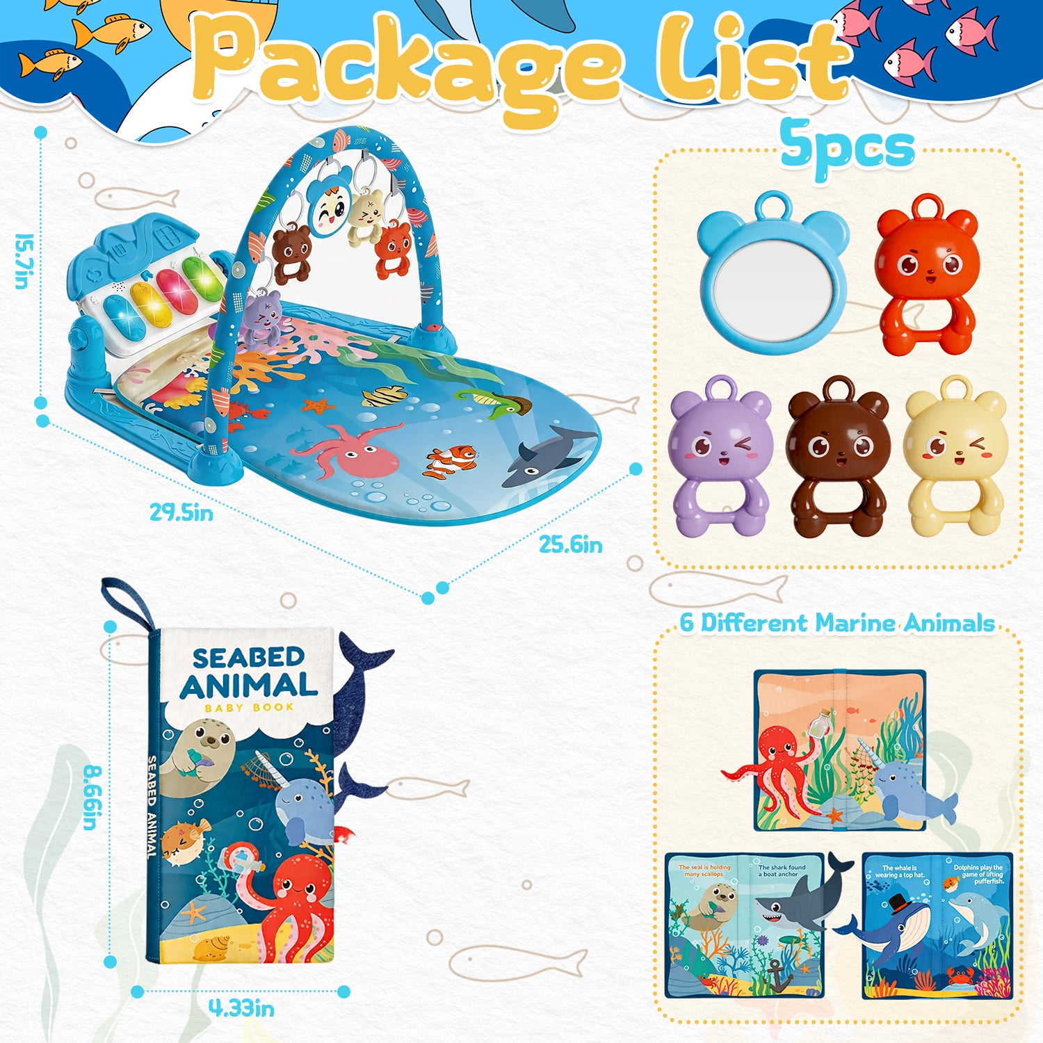 Caunedy 2 in 1 Baby Gym Playmat with Music,5 Sensory Montessori Toys & Tummy Time Mirror,Newborn Gift for Infants 0-12 Months