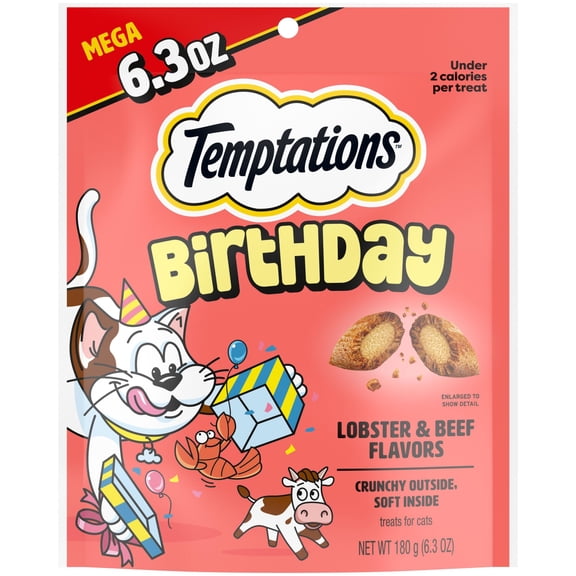 Temptations Birthday Lobster & Beef Flavor Crunchy & Soft Cat Treats, 6.3 oz Pouch