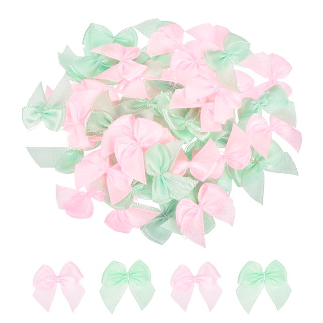 Uxcell 100Pcs Mini Ribbon Bows 1" Mini Fabric Satin Ribbon Flower Bows Pink & Green