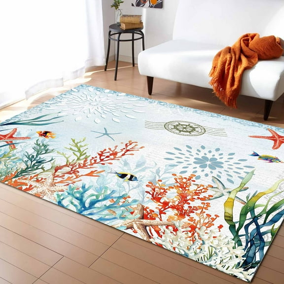Area Rugs Indoor Non-Slip Rectangle Rug 5x7 Ft Summer Coastal Ocean Coral Seaweed Summer Nautical Rug Rubber Backing Floor Mats Non Shedding Home Decor Carpet for Entryway Living Room
