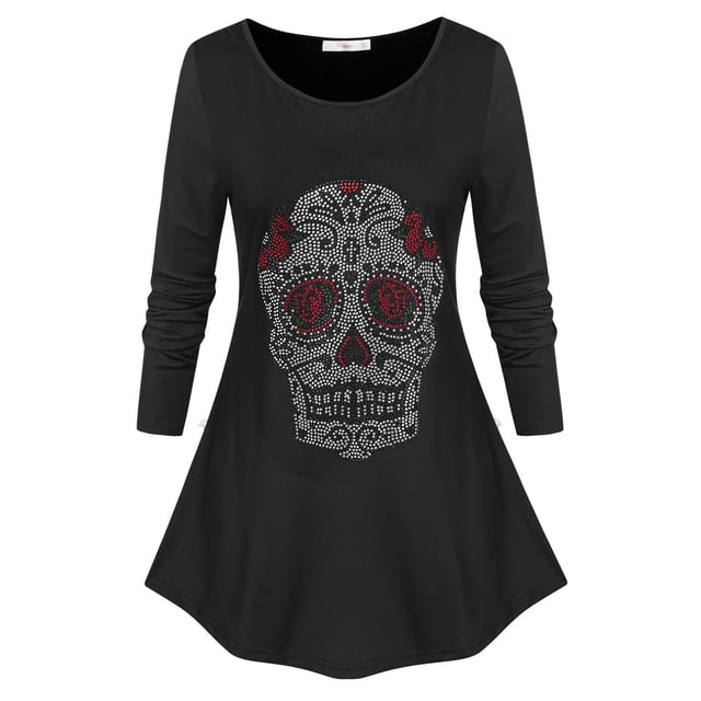 Tallas grandes Halloween Skull Studded camiseta Rosegal Mangas largas de talla grande
