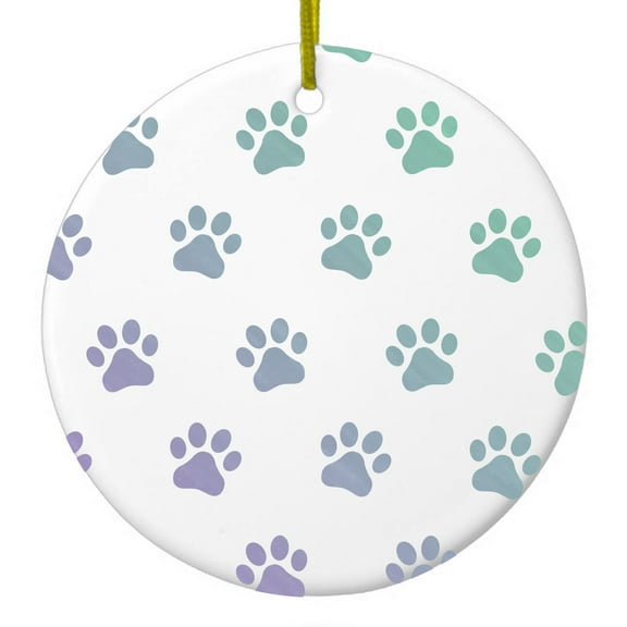 DistinctInk Hanging Ceramic Christmass Tree Ornament with Gold String - Great Gift / Present - 2 3/4 inch diameter - Graident Pawprints - Purple to Green