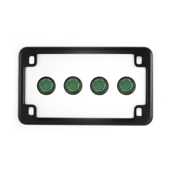 Matte Black Motorcycle License Plate Frame w/ 4 Green Reflector Bolts Set