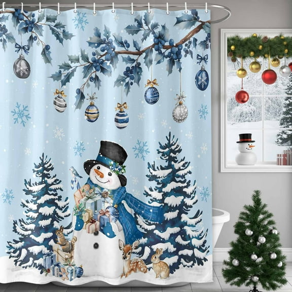 Christmas Shower Curtain Christmas Tree Ball Shower Curtains for Bathroom Winter Holiday Xmas Decor, Waterproof Polyester Shower Curtain Set with Hooks, Extra Long 72" x 78" Snowman Snowflake