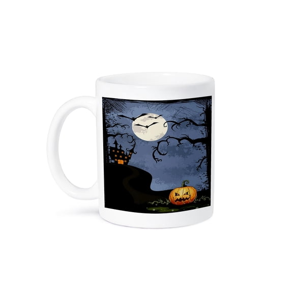 3dRose, Halloween Haunted House With Moon, Tree, and Pumpking, 15oz Mug