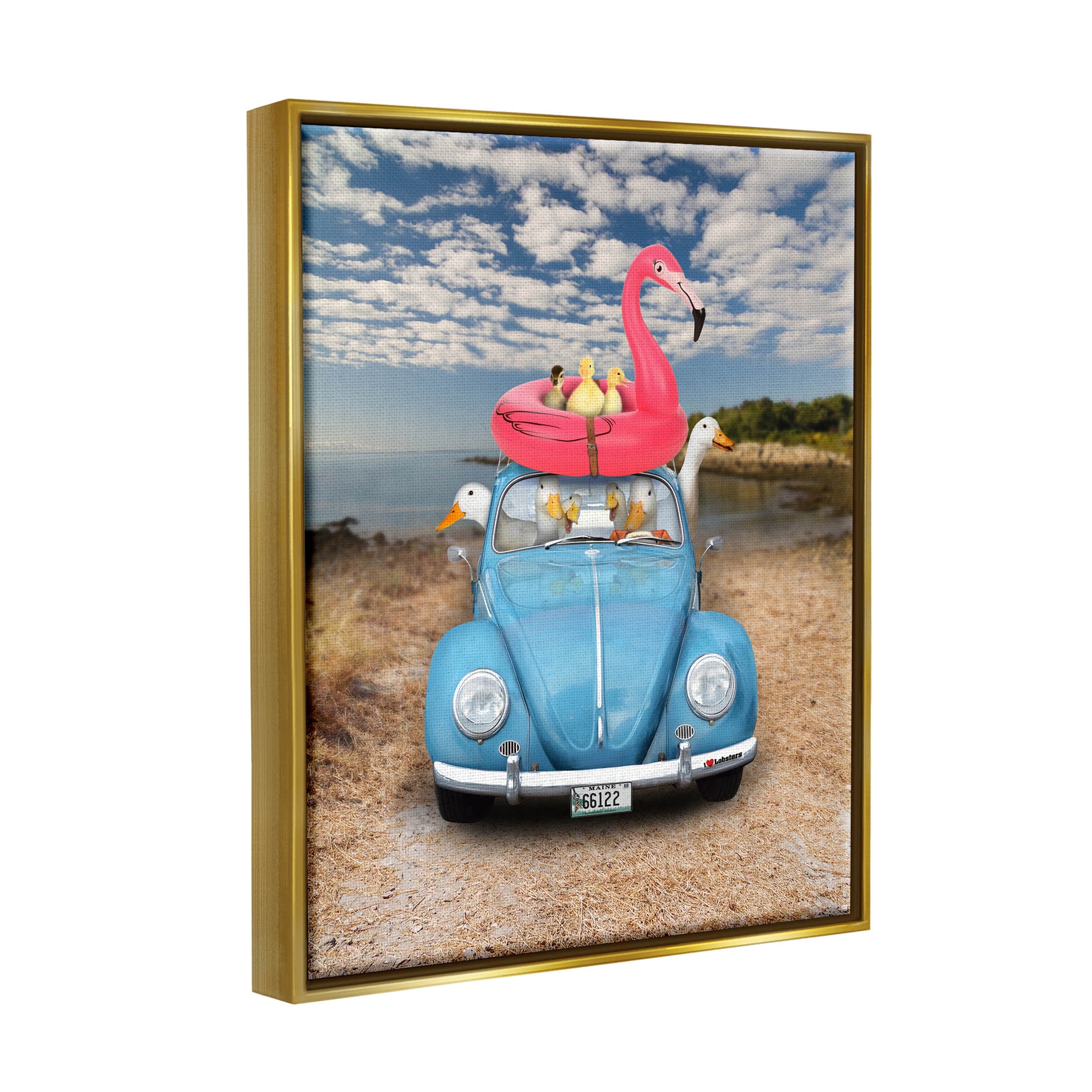 Funny Summer Beach Vacation Geese Animals & Insects Graphic Art Metallic Gold Framed Art Print Wall Art