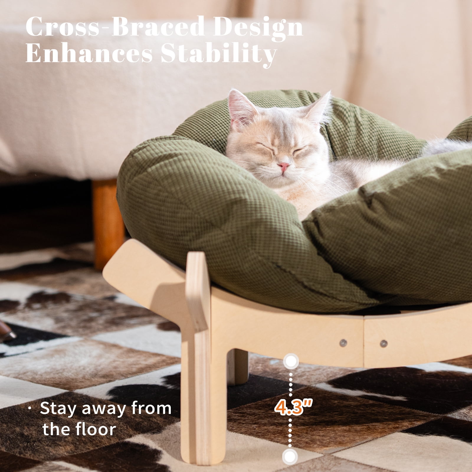 CheerPals Elevated Cat Bed, Washable Flower Pet Cushion with Sturdy Wooden Frame, Heavy-Duty Lounge Chair for Indoor Cats & Small Dogs, Green