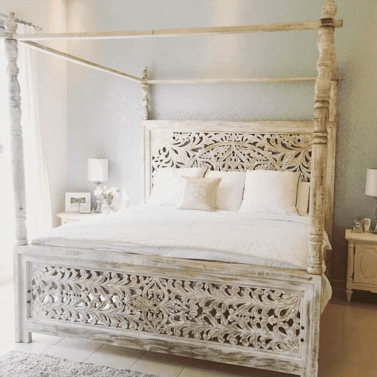 Dynasty Hand Carved Bohemian Indian, White 4 Post King Bed