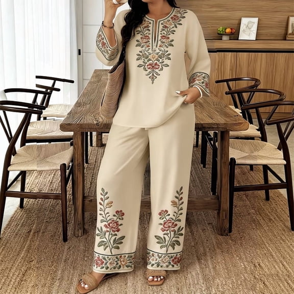Morttic Women's Embroidered V Neck Long Sleeve Top and Wide Leg Pants Set – Boho Ethnic Two Piece Casual Outfit Apricot,S
