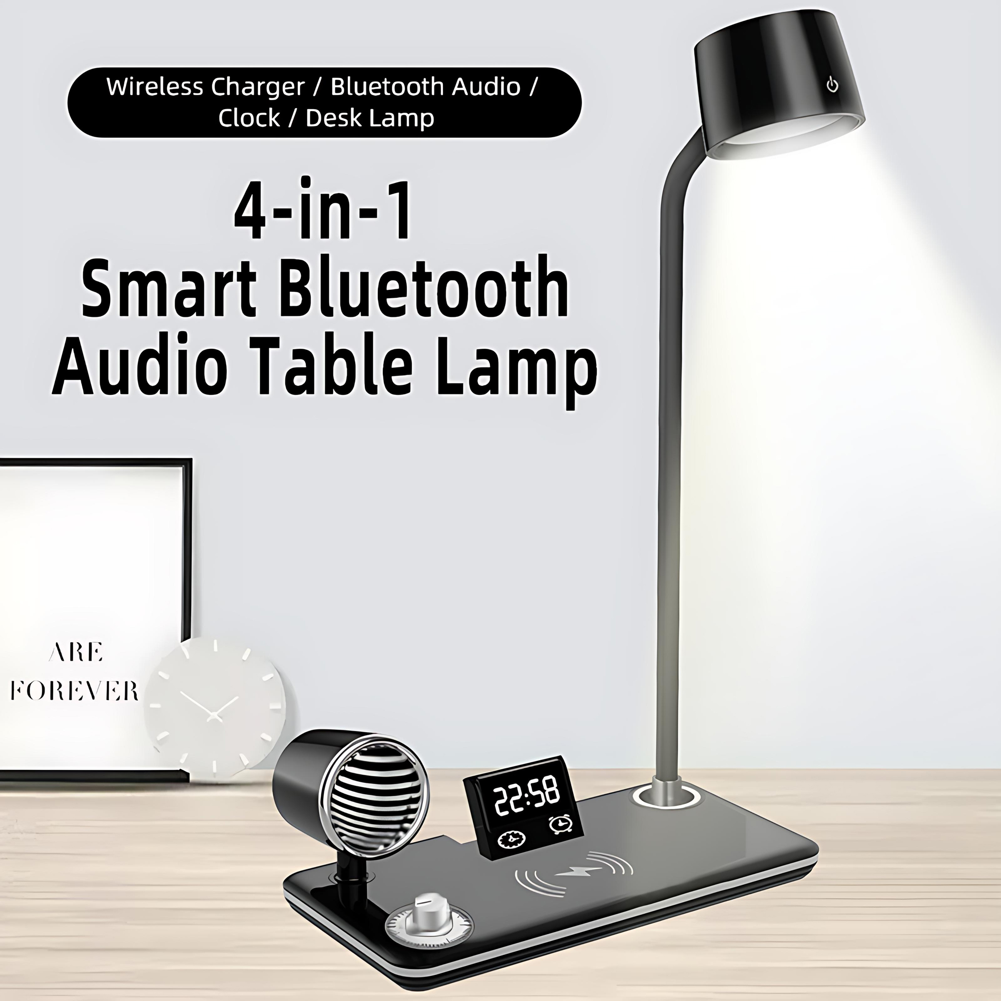 INSMART Wireless Charging Desk Lamps for Home Office,4-in-1 LED Bedside Lamp with 15W Fast Charger,Bluetooth Speaker,Digital Clock,360° Adjustable,3 Lighting Mode, Black
