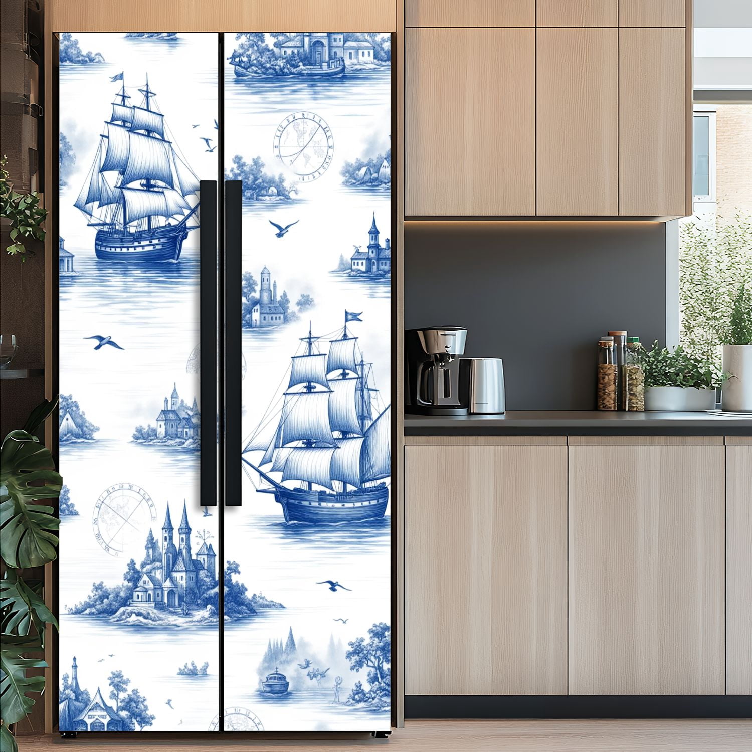 Self Adhesive Vinyl Refrigerator Wrap Set Vintage Nautical Sailing Ships Coastal Scenes Blue White Door Mural Removable Fridge Sticker Peel and Stick&nbsp;Full Door Cover Decal Kitchen Bar Decor