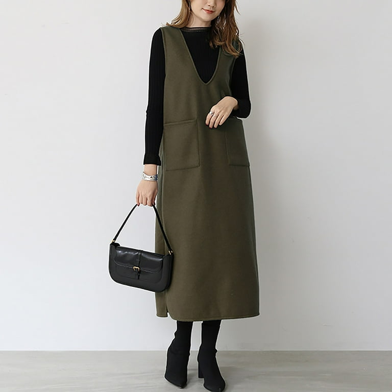Fgnfyis Ediodpoh Women V Neck Sleeveless Knitted Solid Long Sweater Dress with Pockets Sweater Dress for Women Comfortable Army Green M, Women's, Size