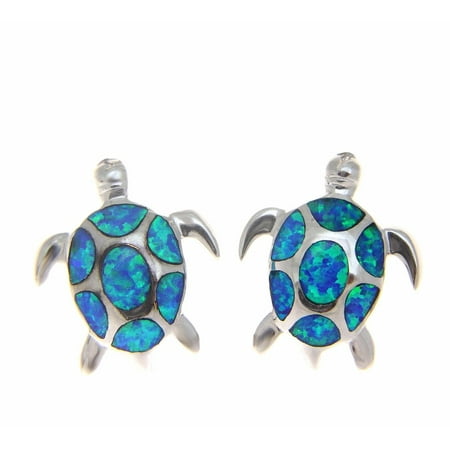 Inlay synthetic opal heavy 925 sterling silver Hawaiian sea turtle stud post earrings 16mm
