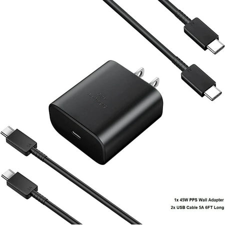 for Huawei Honor 30 ,45W USB-C Samsung Super Fast Charger Type C Charger Kit [ 1x 45W PPS Wall Charger + 2x USB C 6FT 5A Cables] - Black