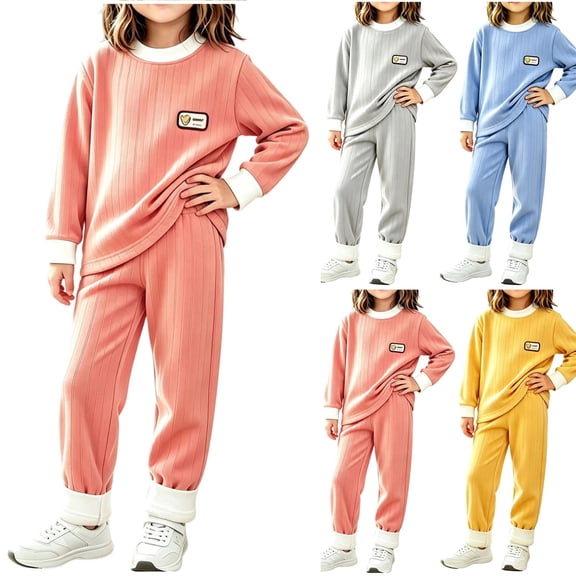 Acaics Girls' 2 Piece Ribbed Tracksuit Set: Color Block Crew Neck Long Sleeve Cuffed Jogger Outfit, Soft Daily Loungewear for Girls Ages 6 Months–6
