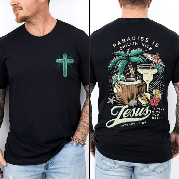 Chillin' With Jesus Shirt, Retro Paradise Shirt, Matthew 11:28 Christian Sublimation Shirt, Bible Verse Tropical Shirt, Digital File Jesus Beach Towel Shirt