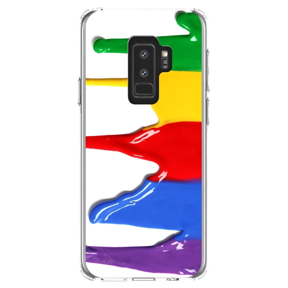 DistinctInk Clear Shockproof Hybrid Case for Samsung Galaxy S9  PLUS (6.2" Screen) - TPU Bumper, Acrylic Back, Tempered Glass Screen Protector - Rainbow Paint Dripping - Rainbow Art Supplies