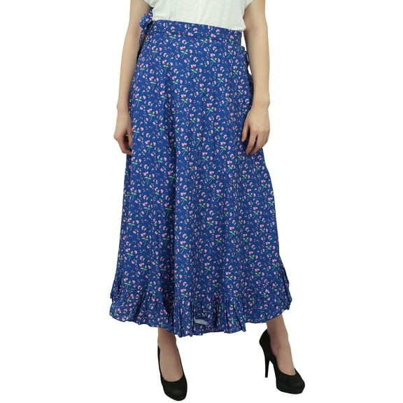 Phagun Floral Printed Wrap Self Belt Cotton Ruffled Magic Women's Skirt-Blue