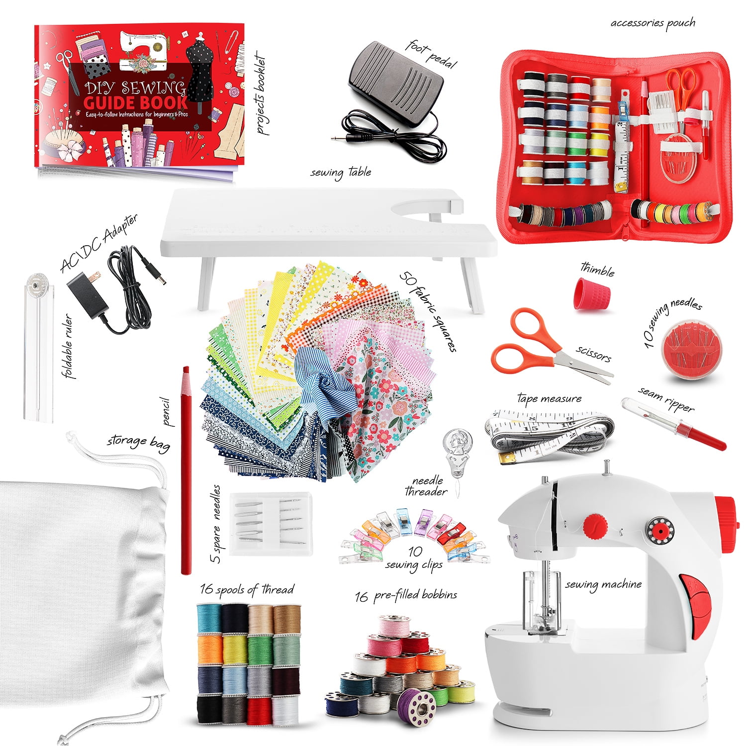 Virtu 122 PC Mini Portable Sewing Machine for Beginner, Kids Sewing Machine and Adults, Scarlet Red