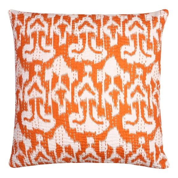 Stylo Culture Indian Chair Seat Throw Pillow Cover 16 x 16 Kantha Orange Printed 40cm x 40cm Living Room Toss Pillow Case Cotton Ikat Square Cushion Cover | 1 Pc
